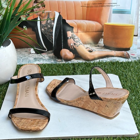 STUART WEITZMAN Aleena Square Toe Wedge Slide SANDAL SIZE 6 Black Patent - Picture 8 of 16